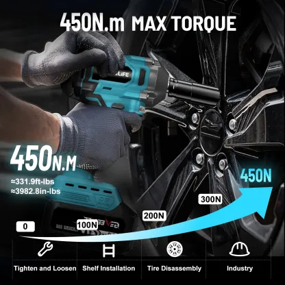 Pistola de impacto 3 en 1 de alto par: llave de impacto inalámbrica sin escobillas de 450 Nm (332 pies-libra) y 1/2", con batería de 4,0 Ah y 4 vasos; herramienta eléctrica para automóviles, montaje de muebles y mecánica.