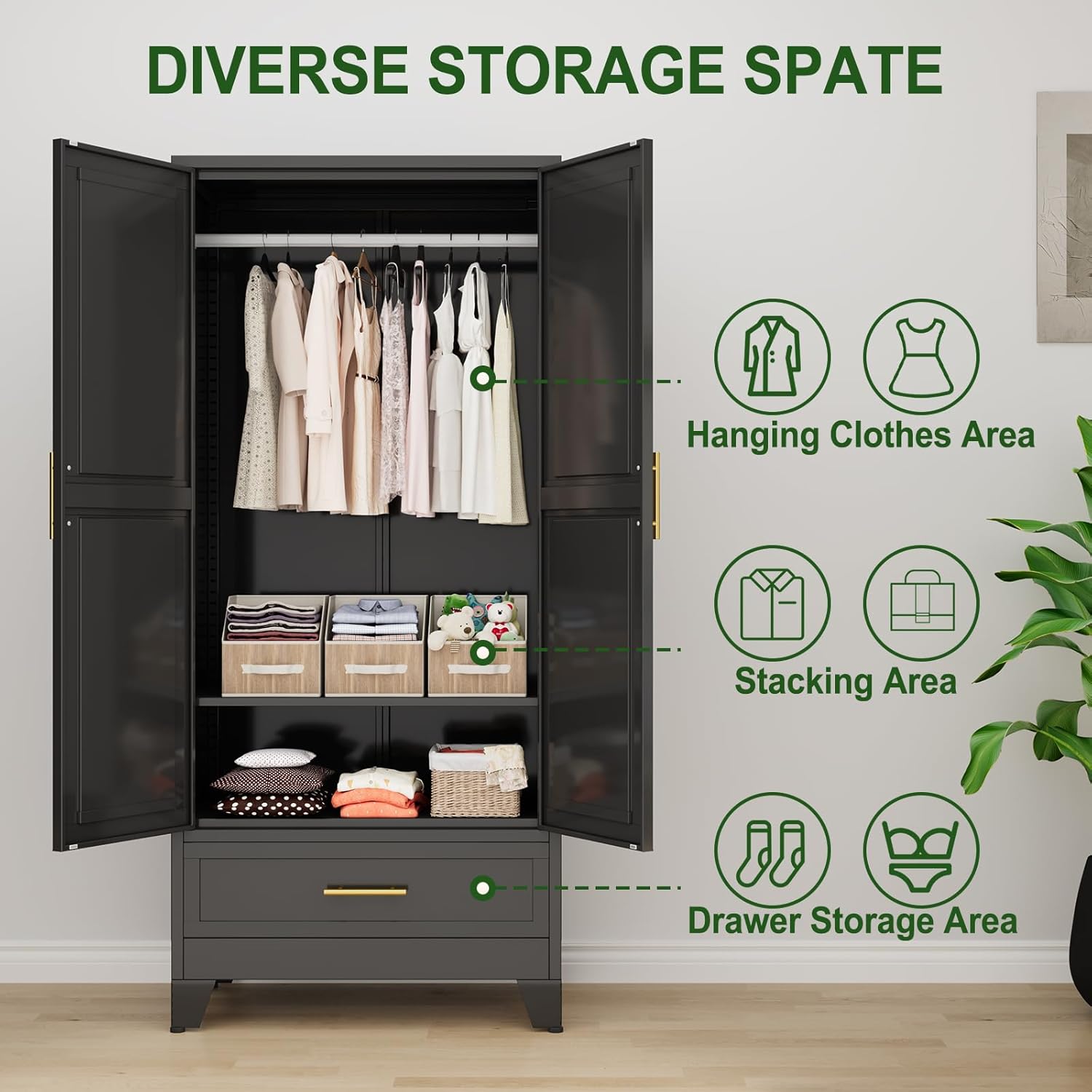 Metal Armoire Wardrobe Closet with 2 Drawers, 71" Wardrobe Cabinet with Adjustable Shelves and Hanging Rod, Clothing Storage Cabinet Closet with Mirror for Bedroom-White