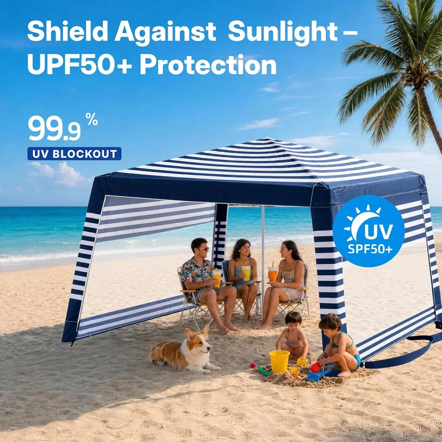 Cabaña de playa, tienda de playa de 8 x 8 pies con protección UPF50+, fácil de montar, resistente al viento, compacta y plegable; refugio solar ideal para vacaciones, camping y actividades al aire libre en verano con familiares y amigos (azul y blanco).