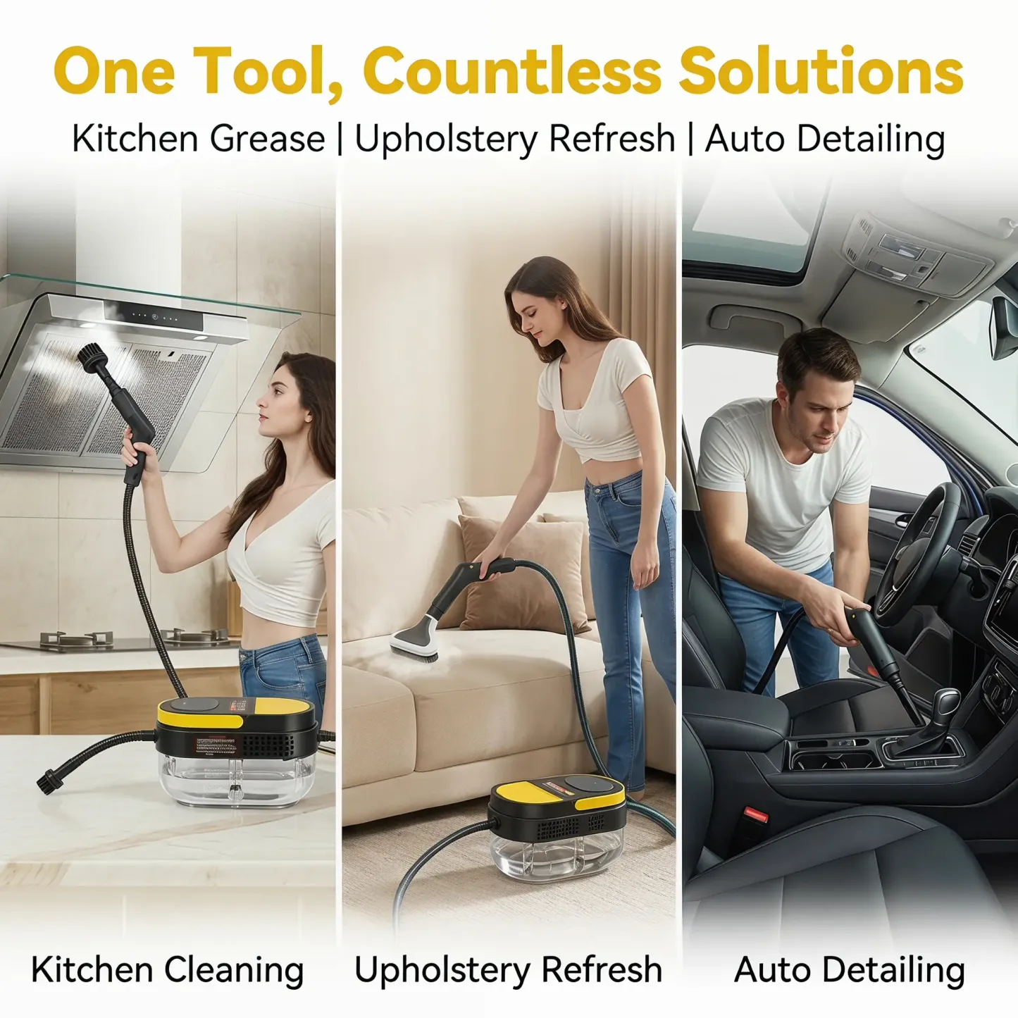 Limpiador a vapor multiusos con mango ajustable de 3 niveles, sistema de calentamiento rápido, depósito de agua grande de 1,7 litros, limpiador a vapor portátil con kit de accesorios de 15 piezas para suelos, azulejos, juntas, cocina, baño, interior del c