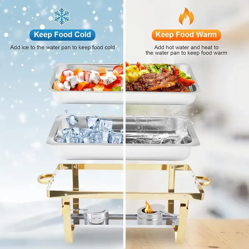Juego de 8 recipientes rectangulares de acero inoxidable para mantener la comida caliente, ideales para catering.
