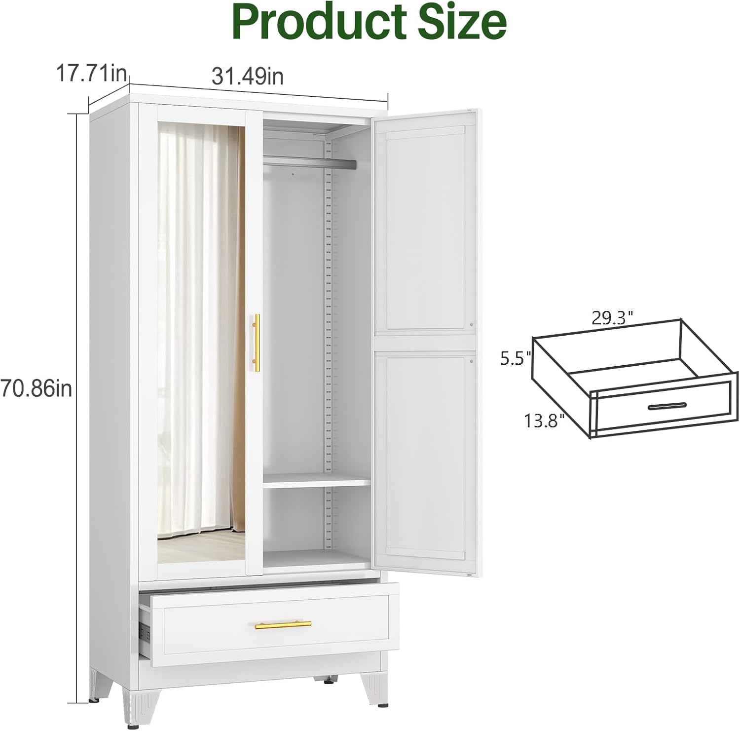 Metal Armoire Wardrobe Closet with 2 Drawers, 71" Wardrobe Cabinet with Adjustable Shelves and Hanging Rod, Clothing Storage Cabinet Closet with Mirror for Bedroom-White