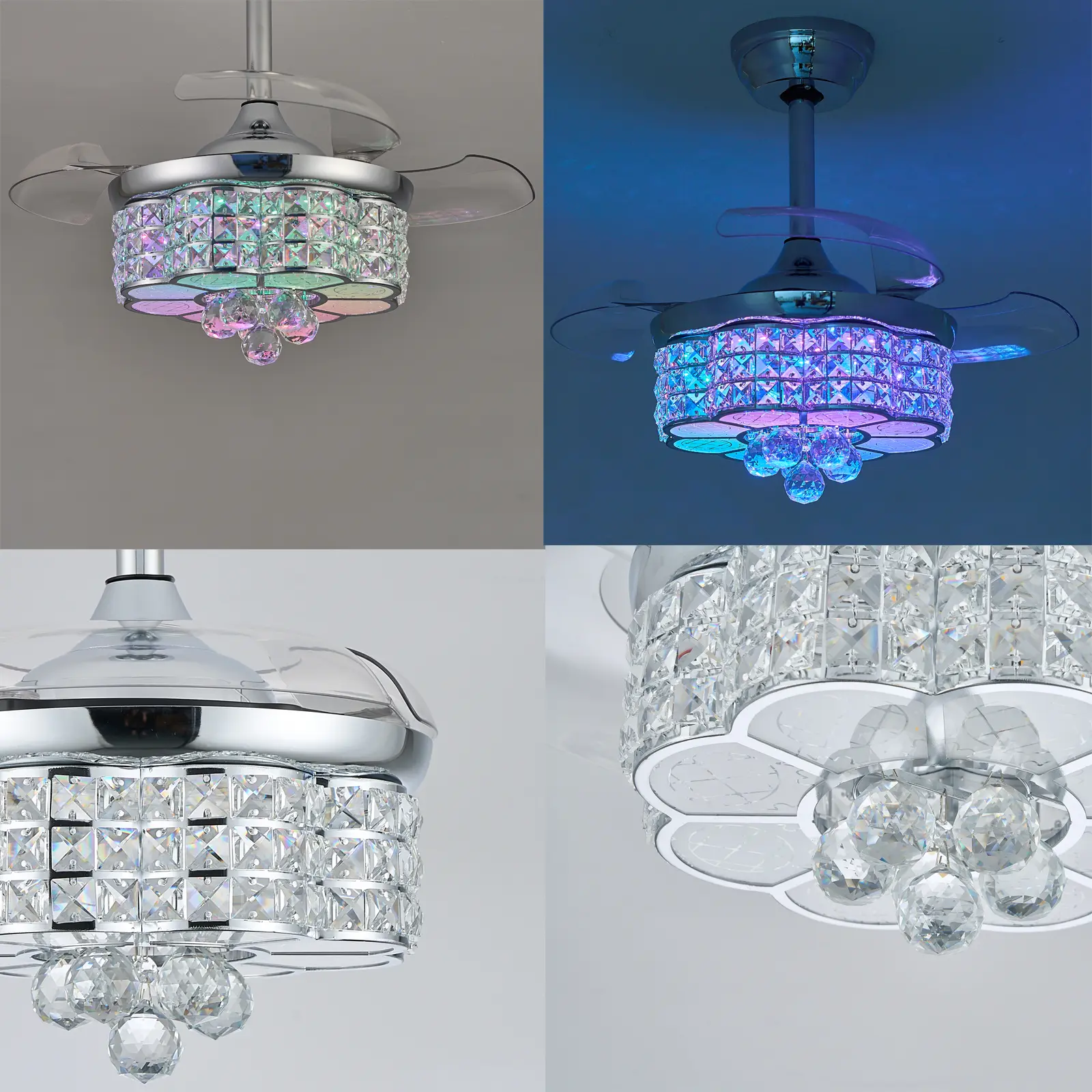 Ventilador de techo retráctil Zynfandor de 30 pulgadas con luz LED regulable estilo lámpara de araña, acabado plateado y cristales RGB; incluye control remoto y por aplicación, temporizador, 6 velocidades y función de memoria; ideal para dormitorio y sala