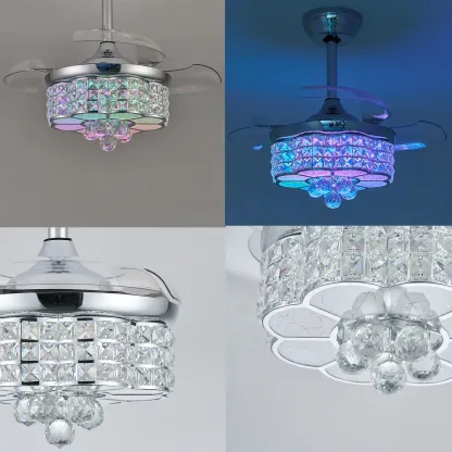 Ventilador de techo retráctil Zynfandor de 30 pulgadas con luz LED regulable estilo lámpara de araña, acabado plateado y cristales RGB; incluye control remoto y por aplicación, temporizador, 6 velocidades y función de memoria; ideal para dormitorio y sala