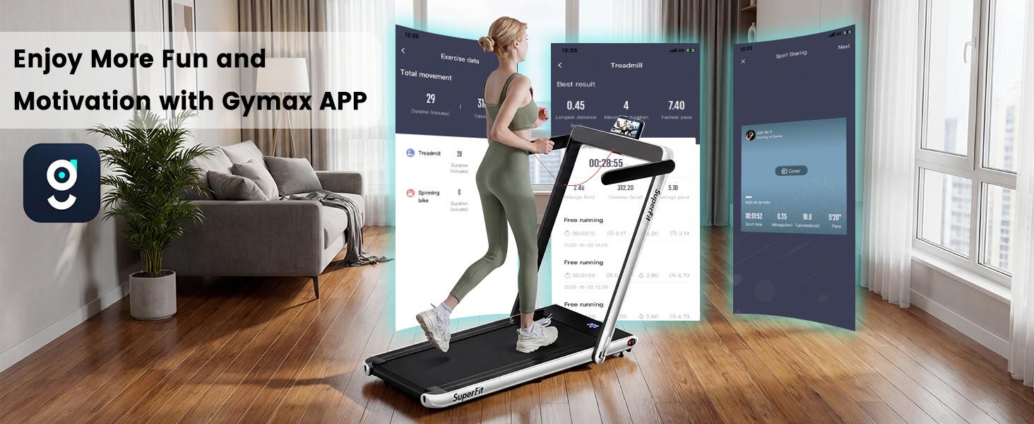 COSTWAY 2-in-1 Treadmill, 7.5 MPH Foldable Walking Pad with Smart App & Remote Control, Bluetooth LED Monitor, Small Spaces Compact Running Machine, Folding Portable Under Desk Treadmill for Home Office
