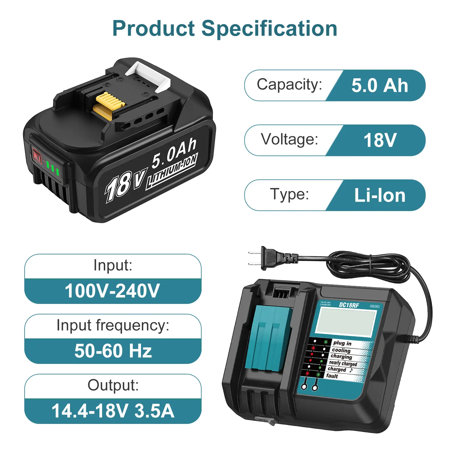 Amityke: Paquete de 2 baterías de iones de litio de 18 V y 5000 mAh con cargador