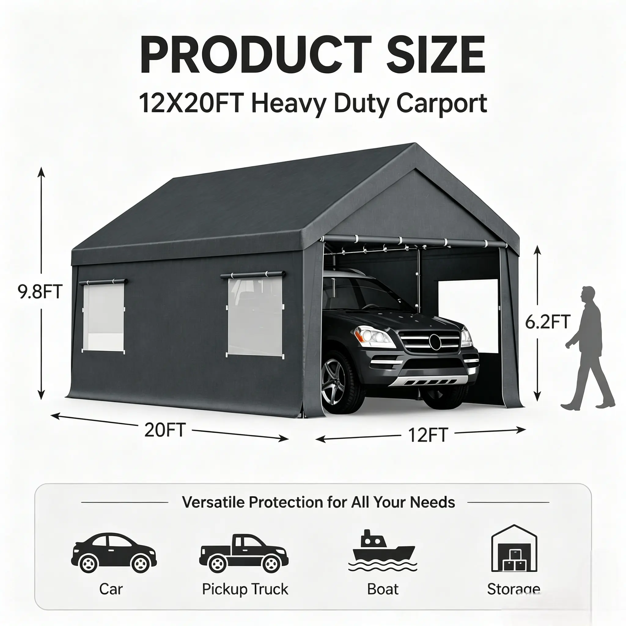 Toldo portátil para coche Walsunny de 3x6 metros (10x20 pies) de alta resistencia para garaje.
