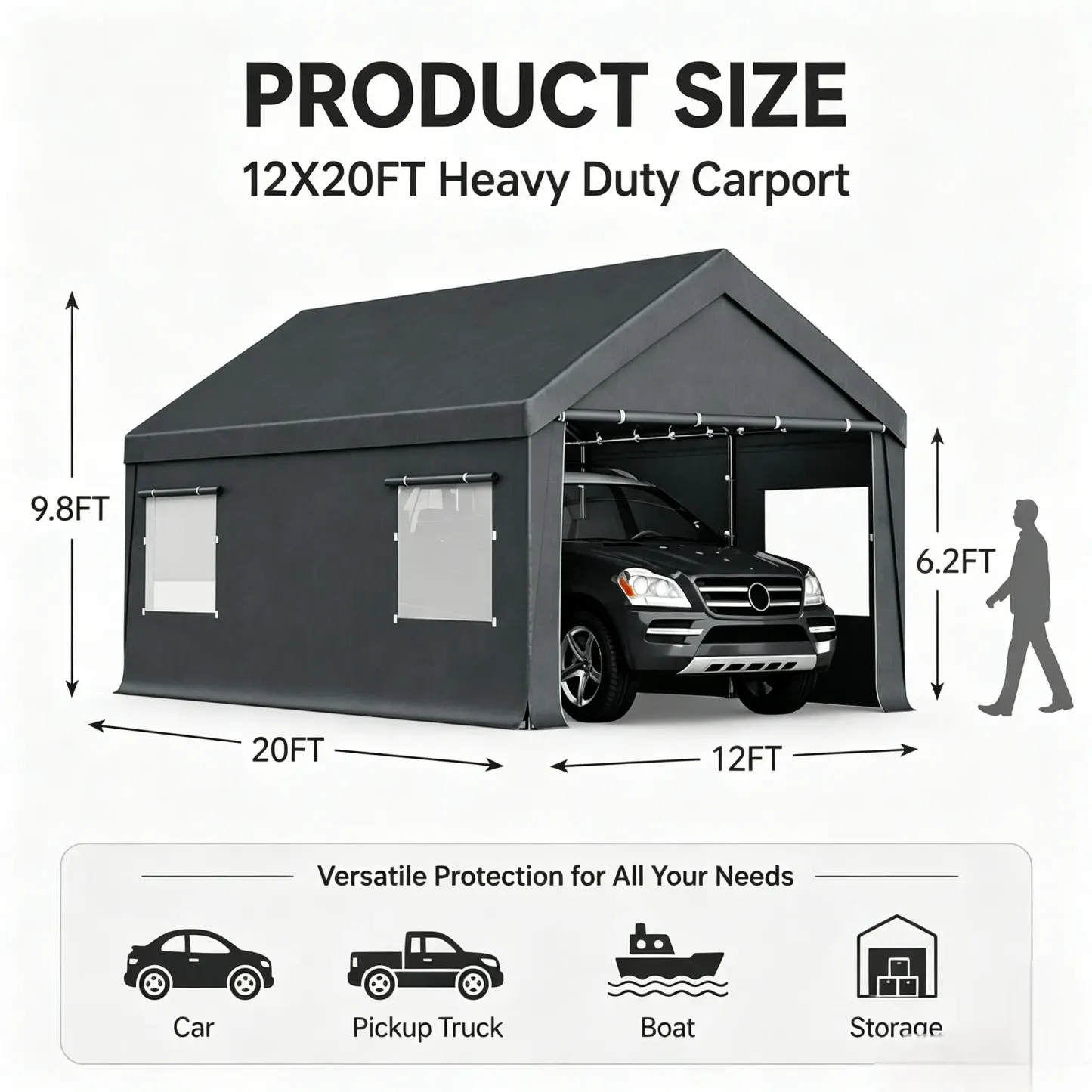 Toldo portátil para coche Walsunny de 3x6 metros (10x20 pies) de alta resistencia para garaje.