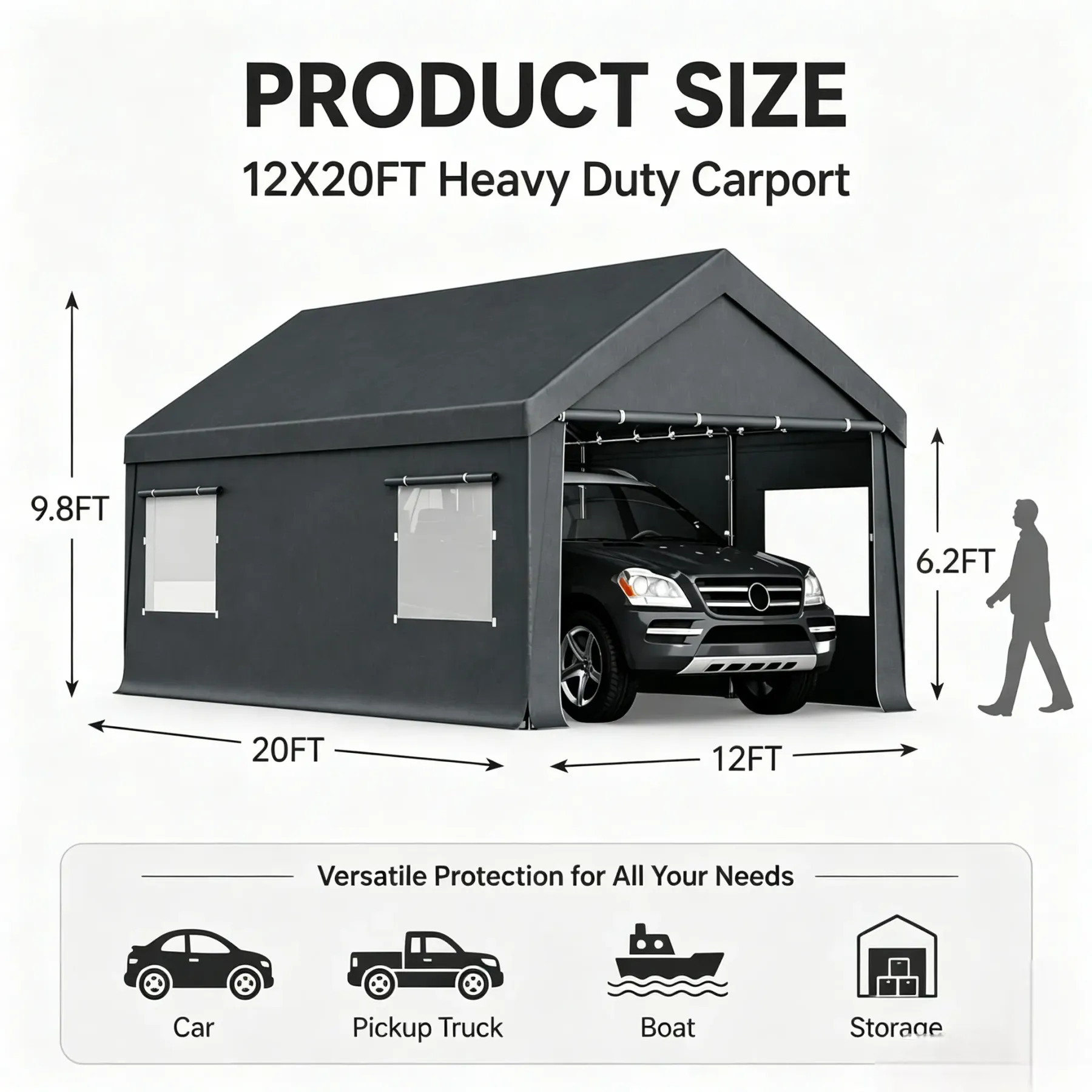 Toldo portátil para coche Walsunny de 3x6 metros (10x20 pies) de alta resistencia para garaje.