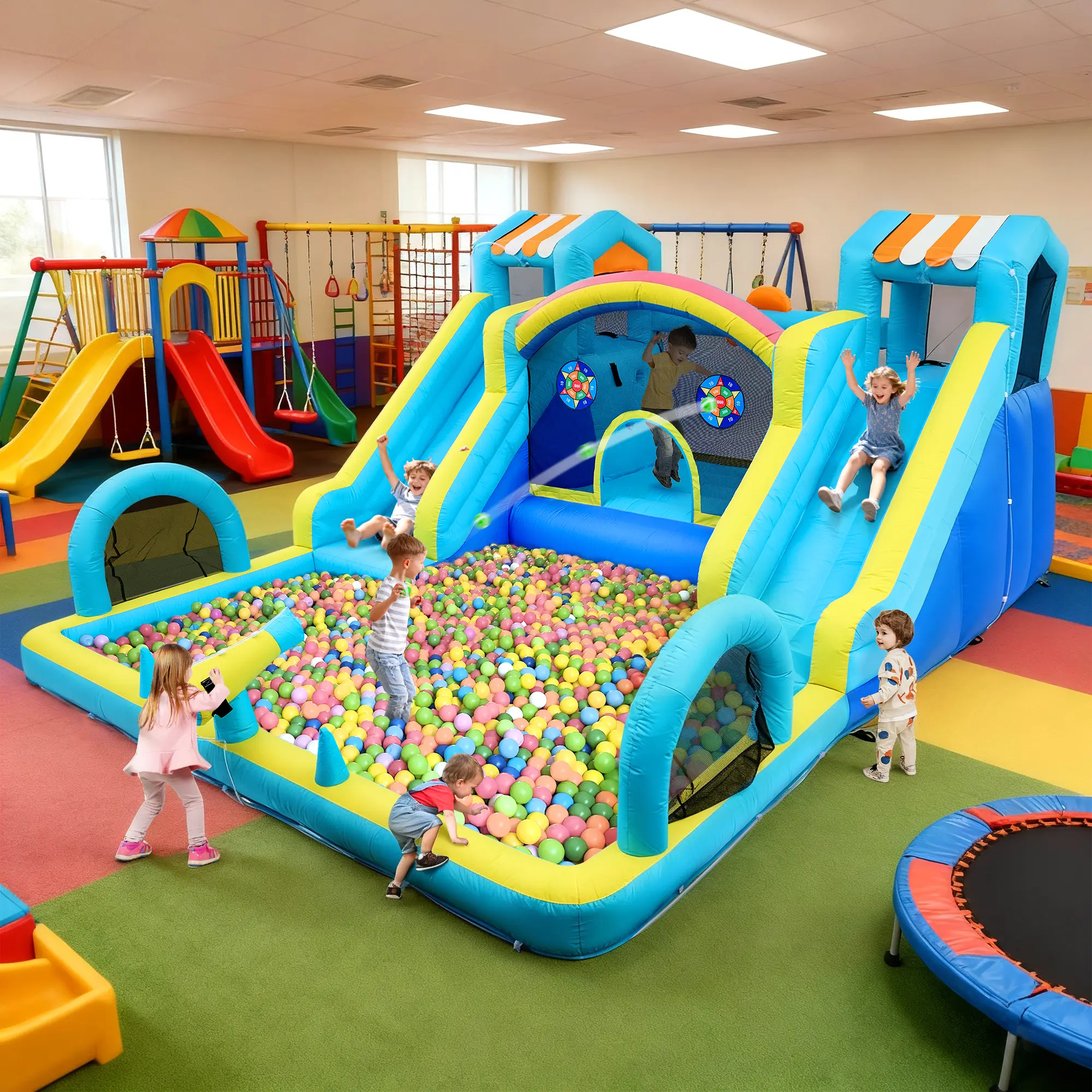 Tobogán acuático inflable con zona de saltos para niños: parque acuático y castillo hinchable de 15 x 12 pies para el jardín, con doble tobogán, piscina de chapoteo, canasta de baloncesto y soplador de alta resistencia; juguete de verano para exteriores.