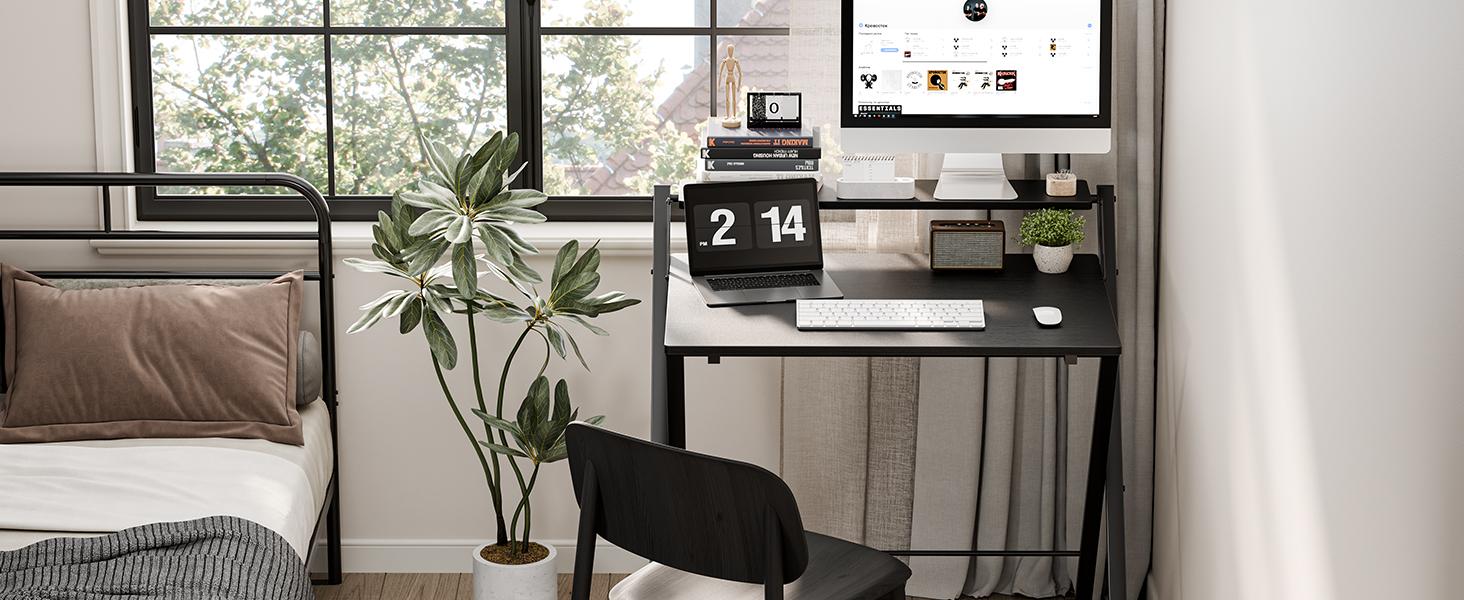 Sweetcrispy Minimalist Modern Foldable Desk - No Assembly Needed, 2-Tier Compact Laptop Desk with Shelf, Modern Style Space-Saving Computer Table for Apartment Home Office, Compact Laptop Desks, Minimalist Modern Desks