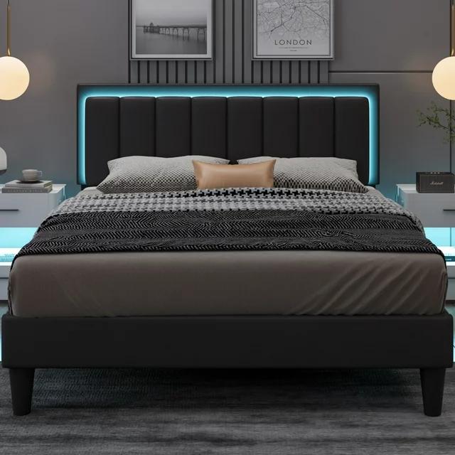 [SummerSale] HOMBCK Led Bed Frame, No Mattress, Soft Modern Bed Frame with Luxury Leather Headboard, APP Adiust the Light, No Box Spring Needed #home essentials#back to school Modern Bedroom Furniture Marshmallow Bed Frame