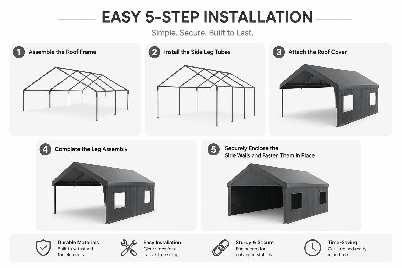 Walsunny Carport 12x20ft Outdoor Car Canopy Portable Garage, Heavy Duty Shed Tent Gazebo Port with Roll-up Ventilated Windows & Removable Sidewalls Shelter Storage Vehicle Party Moisture Prevention for Camp, Farm, Tool, Grey, Khaki, White,Durable Pvc