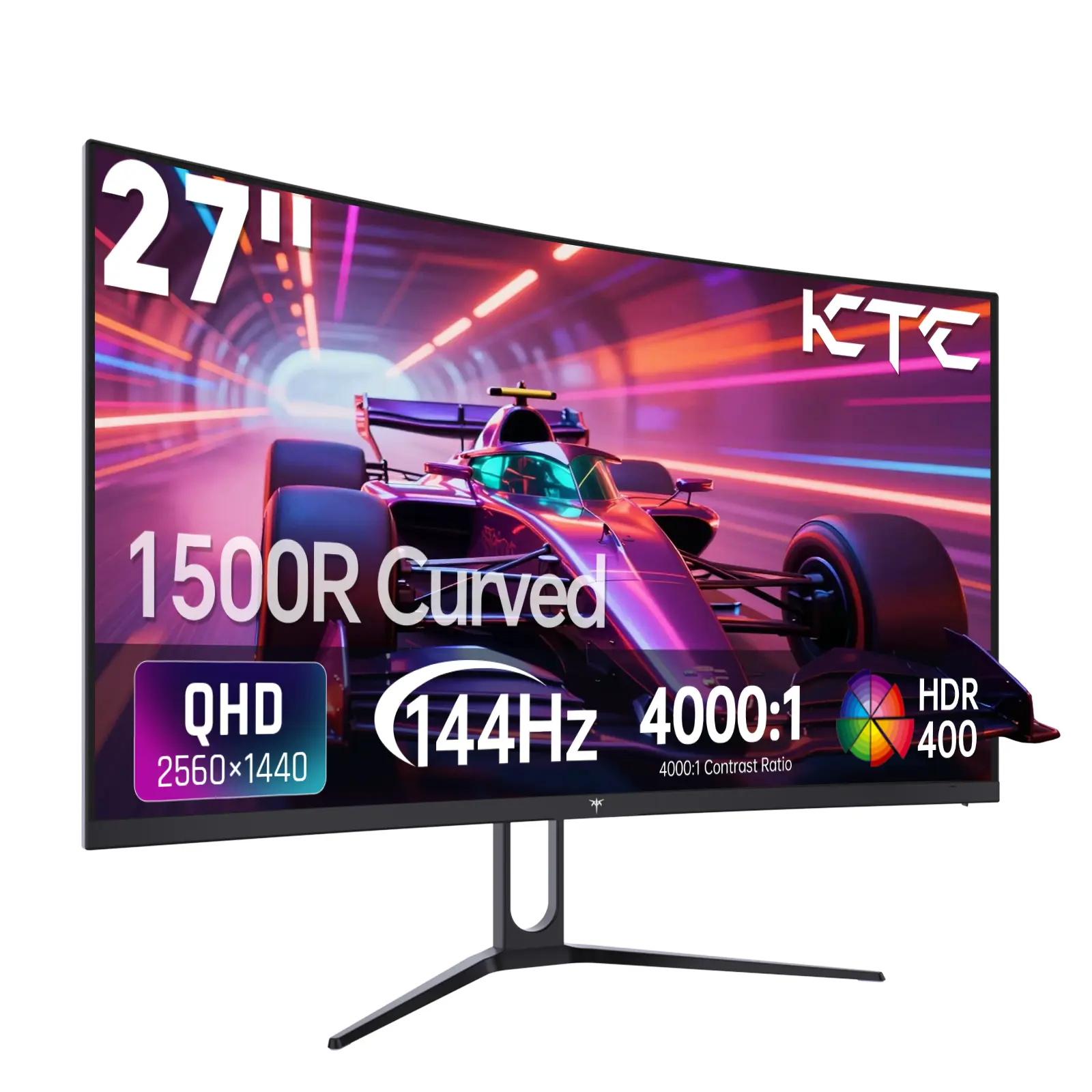 Monitor gaming curvo VA KTC de 27" (2560x1440), curvatura 1500R, tasa de refresco de 144 Hz/120 Hz, HDR400 (400 nits), Adaptive Sync, 2x HDMI 2.0, DP 1.4, montaje VESA 100x100, modelo H27S5C.