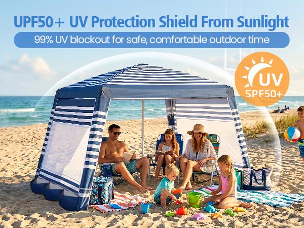 Beach Cabana, 8 * 8FT Beach Tent UPF50+ Protection, Easy Setup Beach Canopy Wind Resistant ,Compact Beach Shade Foldable Beach Tent Sun Shelter, Blue White，For Vacations,Summer Outdoor Beach Camping, Family&Friends