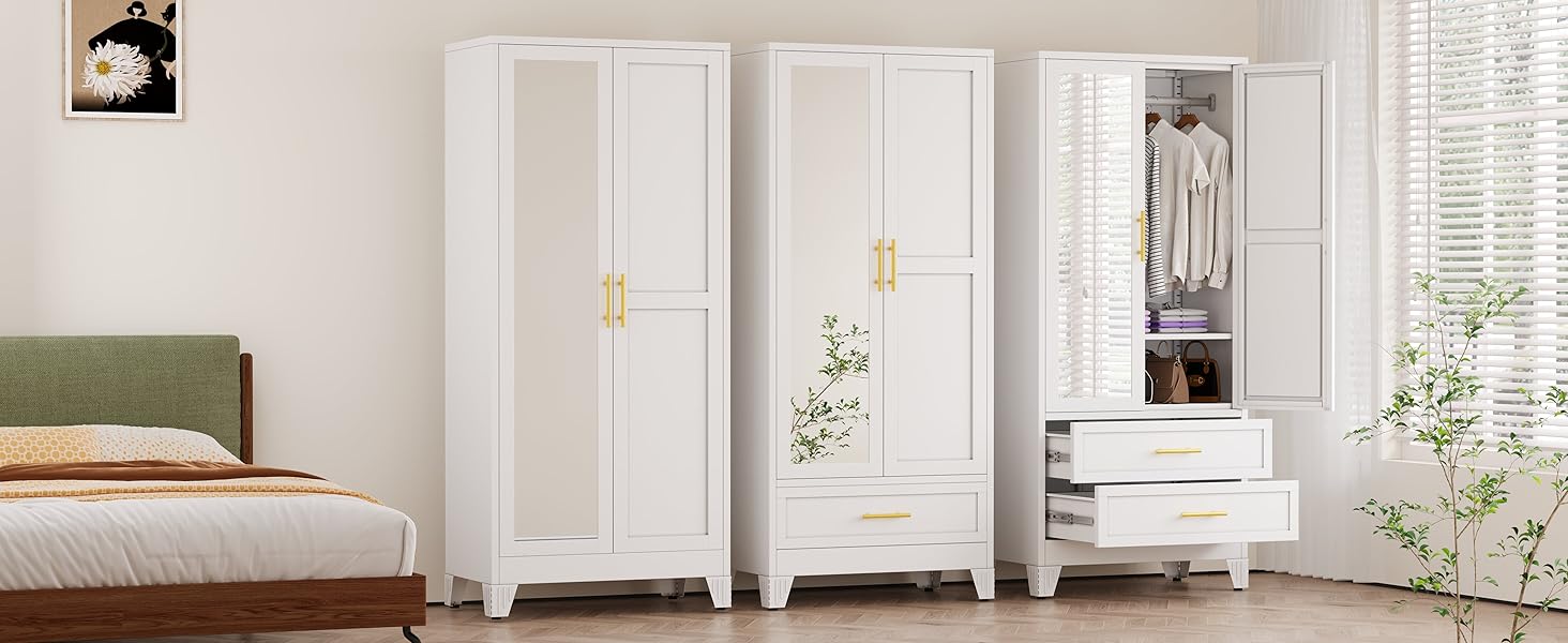 Metal Armoire Wardrobe Closet with 2 Drawers, 71" Wardrobe Cabinet with Adjustable Shelves and Hanging Rod, Clothing Storage Cabinet Closet with Mirror for Bedroom-White
