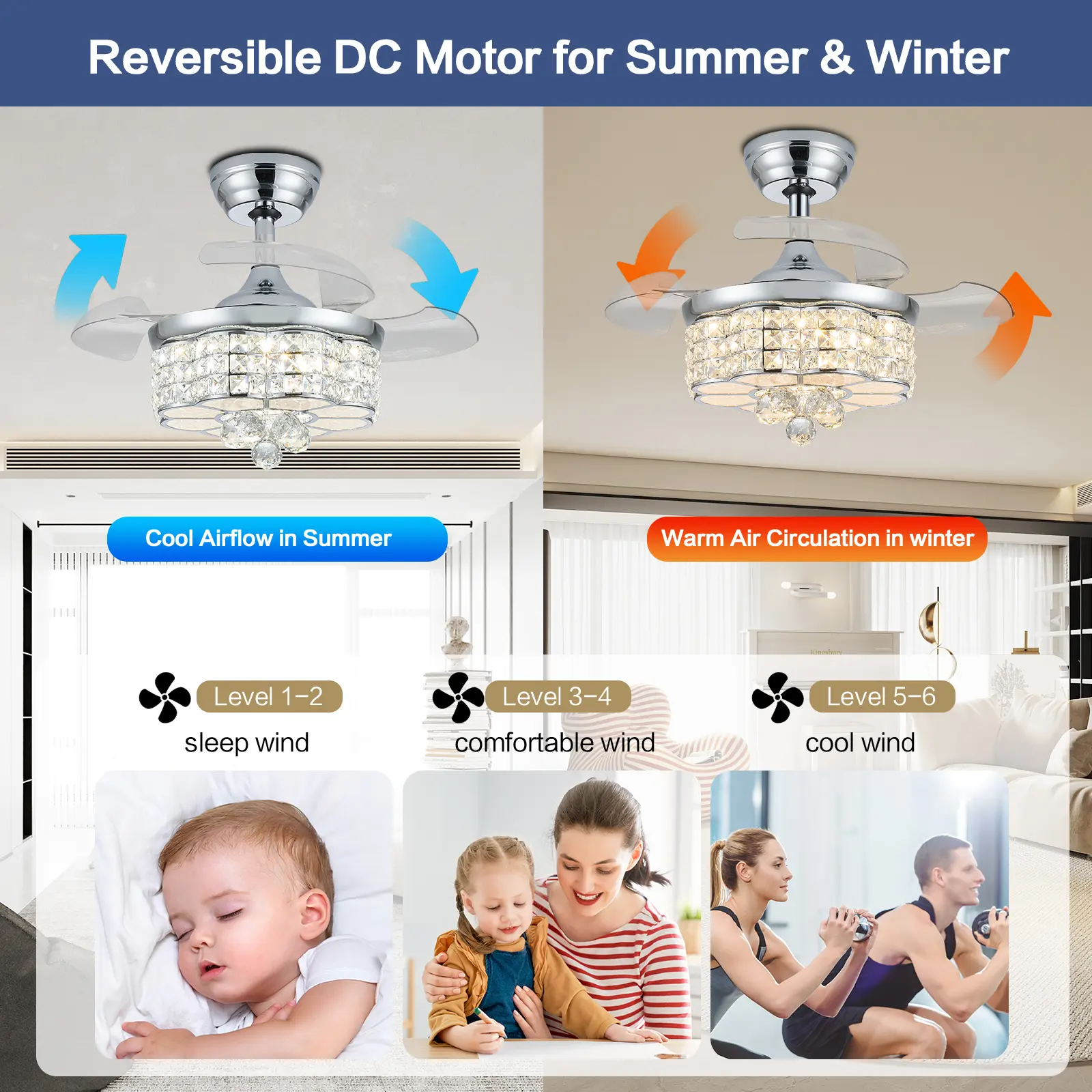 Ventilador de techo retráctil Zynfandor de 30 pulgadas con luz LED regulable estilo lámpara de araña, acabado plateado y cristales RGB; incluye control remoto y por aplicación, temporizador, 6 velocidades y función de memoria; ideal para dormitorio y sala