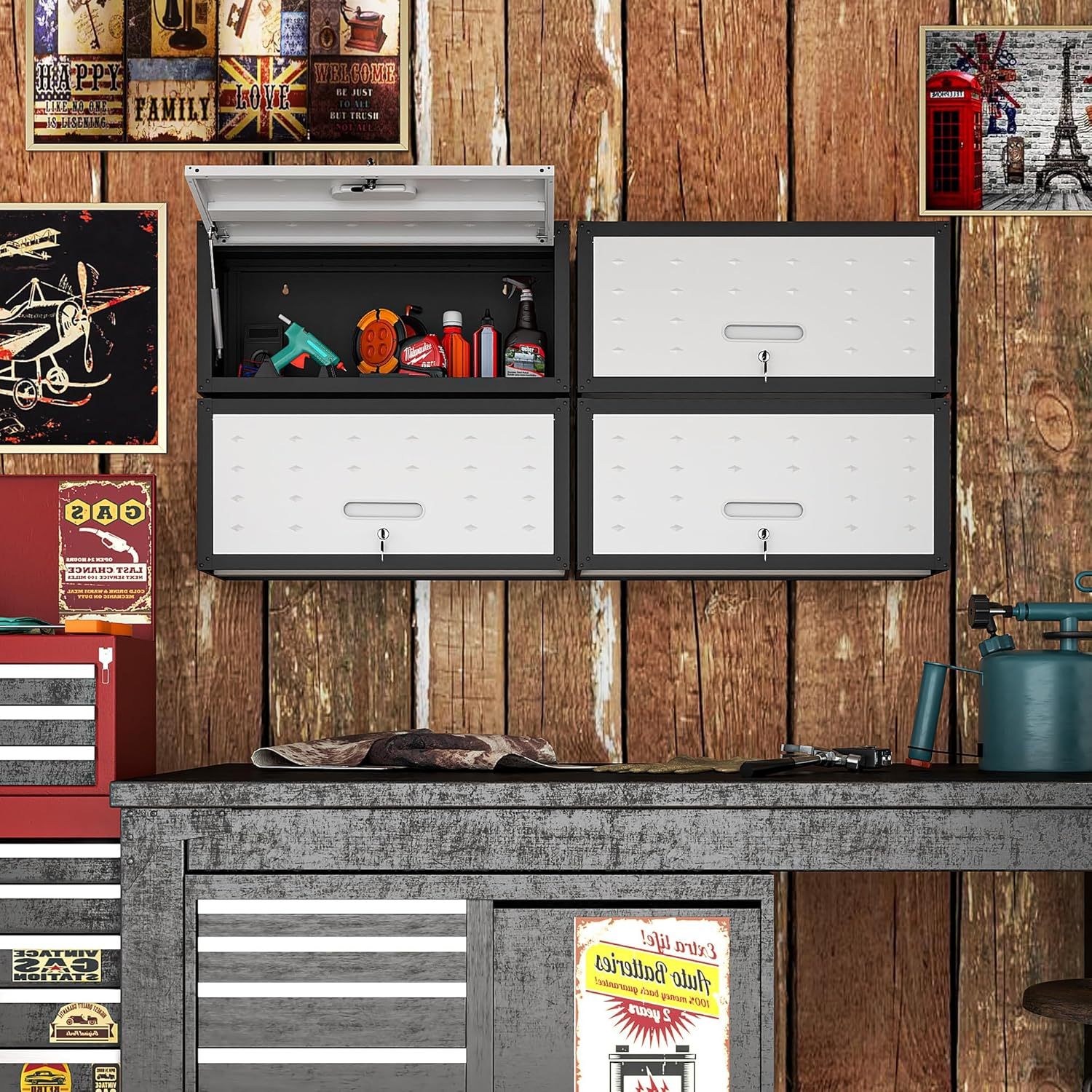 BIZOEIRON - clóset de almacenamiento de metal con ruedas, clóset de cochera con 1 puerta y 4 cajones, almacenamiento de herramientas rodantes, requiere montaje, color negro