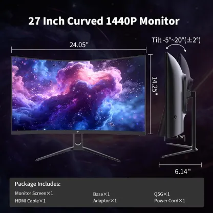 Monitor gaming curvo VA KTC de 27" (2560x1440), curvatura 1500R, tasa de refresco de 144 Hz/120 Hz, HDR400 (400 nits), Adaptive Sync, 2x HDMI 2.0, DP 1.4, montaje VESA 100x100, modelo H27S5C.