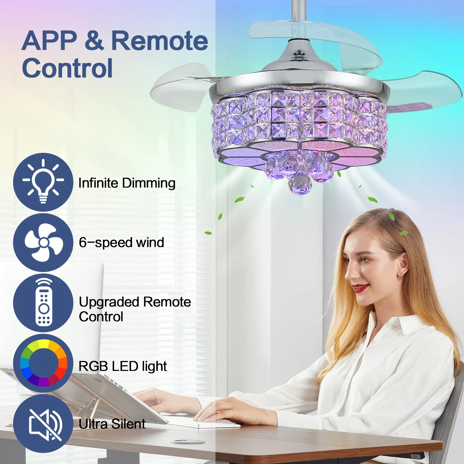 Ventilador de techo retráctil Zynfandor de 30 pulgadas con luz LED regulable estilo lámpara de araña, acabado plateado y cristales RGB; incluye control remoto y por aplicación, temporizador, 6 velocidades y función de memoria; ideal para dormitorio y sala