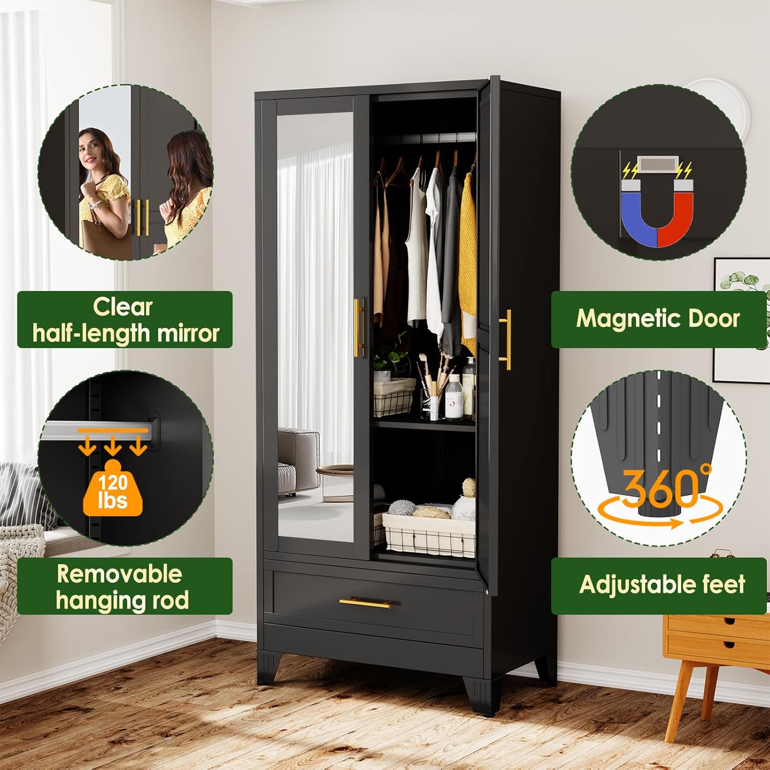 Metal Armoire Wardrobe Closet with 2 Drawers, 71" Wardrobe Cabinet with Adjustable Shelves and Hanging Rod, Clothing Storage Cabinet Closet with Mirror for Bedroom-White