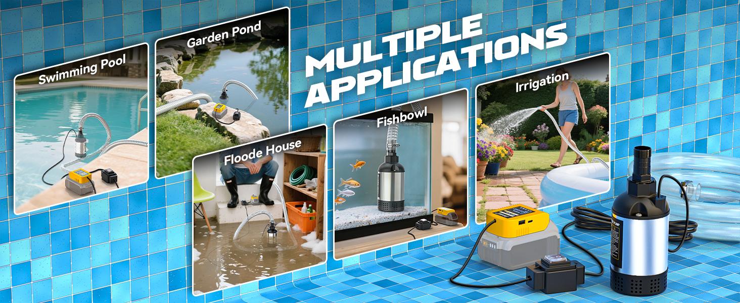 Cordless Submersible Water Pump Compatible with DeWalt 20V Battery(NO BATTERY!!), 1268GPH High Flow Sump Pump with 6.5ft Hose, for Swimming Pool Garden Draining fathers day gift