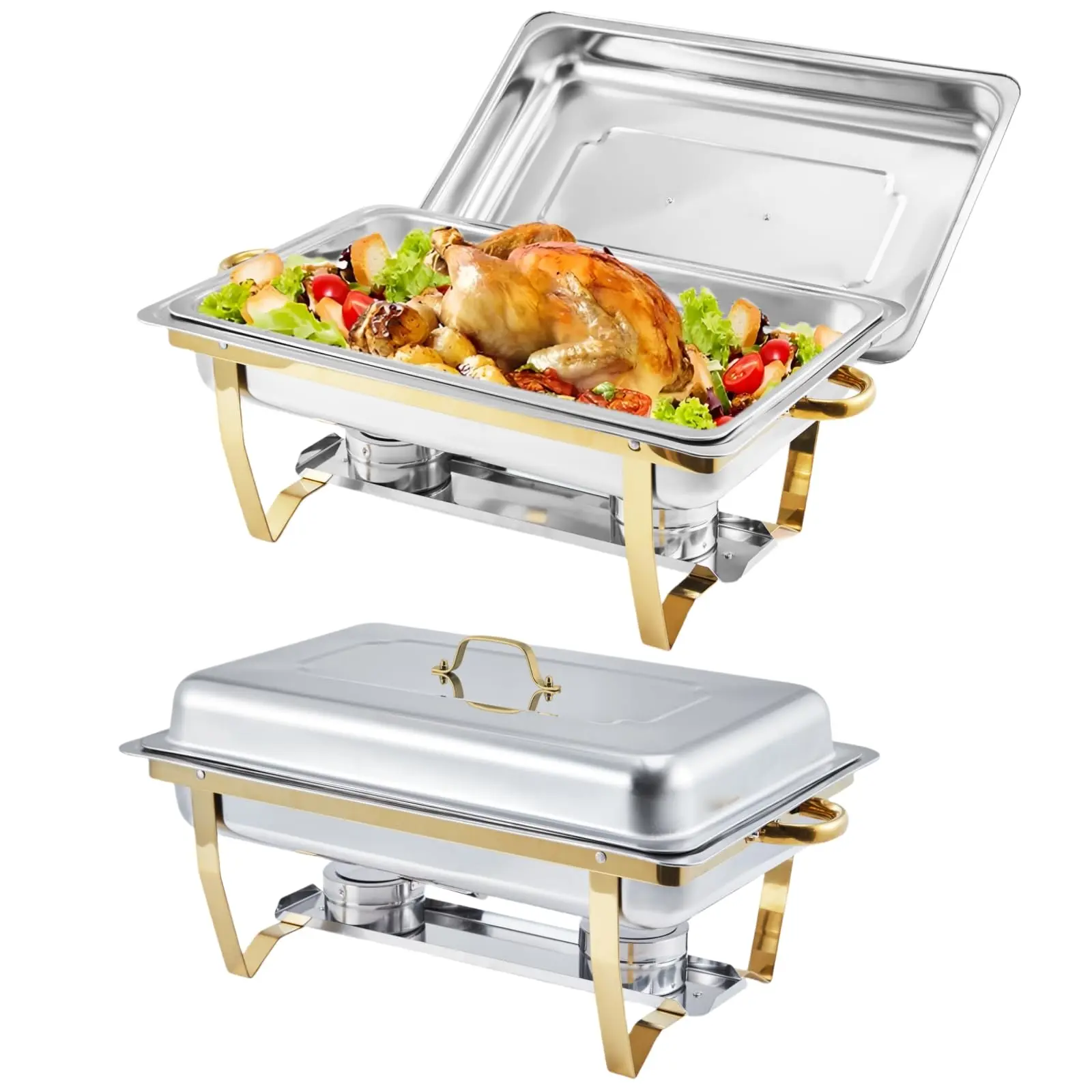 Juego de 8 recipientes rectangulares de acero inoxidable para mantener la comida caliente, ideales para catering.