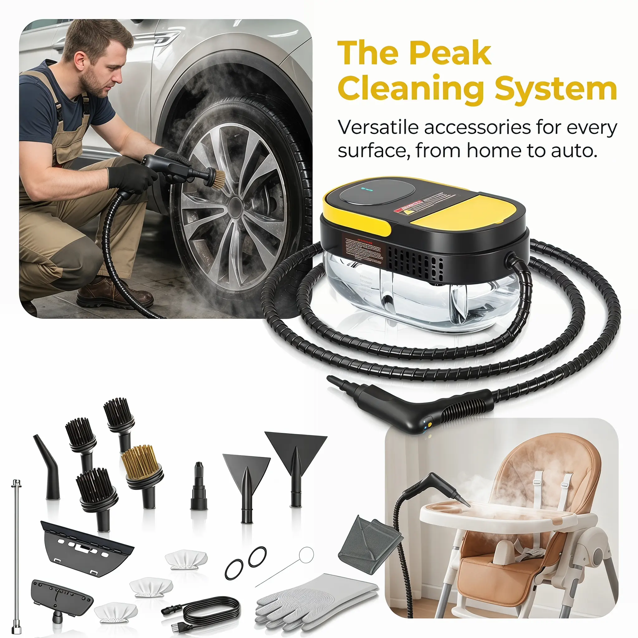 Limpiador a vapor multiusos con mango ajustable de 3 niveles, sistema de calentamiento rápido, depósito de agua grande de 1,7 litros, limpiador a vapor portátil con kit de accesorios de 15 piezas para suelos, azulejos, juntas, cocina, baño, interior del c