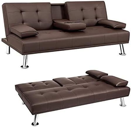 JUMMICO - Sofá cama plegable de piel sintética tapizada moderna y convertible con reposabrazos extraíbles, sofá reclinable ajustable con 2 portavasos para sala de estar (piel, café)