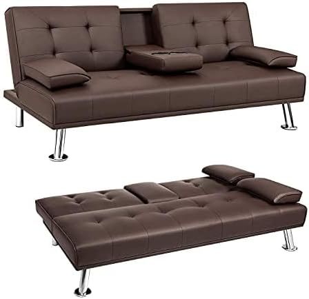 JUMMICO - Sofá cama plegable de piel sintética tapizada moderna y convertible con reposabrazos extraíbles, sofá reclinable ajustable con 2 portavasos para sala de estar (piel, café)