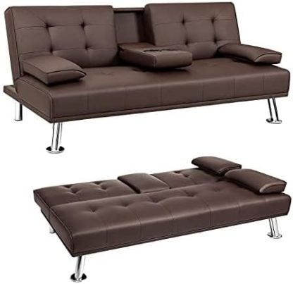 JUMMICO - Sofá cama plegable de piel sintética tapizada moderna y convertible con reposabrazos extraíbles, sofá reclinable ajustable con 2 portavasos para sala de estar (piel, café)