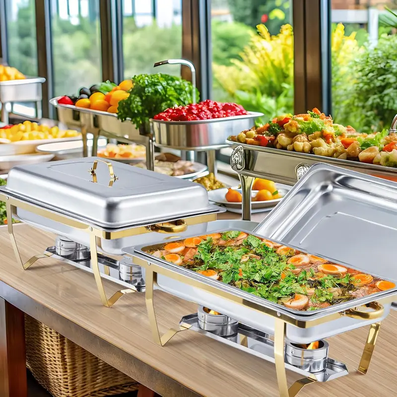 Juego de 8 recipientes rectangulares de acero inoxidable para mantener la comida caliente, ideales para catering.