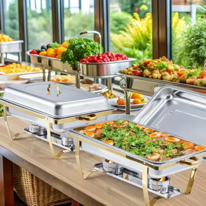 Juego de 8 recipientes rectangulares de acero inoxidable para mantener la comida caliente, ideales para catering.