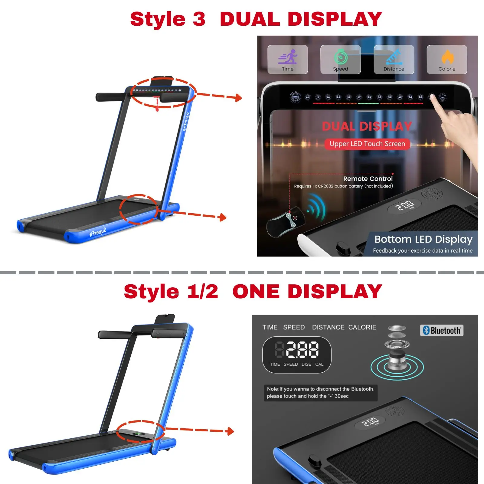 Cinta de correr 2 en 1 COSTWAY, cinta plegable para caminar a 7.5 MPH con aplicación inteligente y control remoto, monitor LED con Bluetooth, máquina para correr compacta ideal para espacios reducidos, cinta de correr plegable y portátil que cabe debajo d