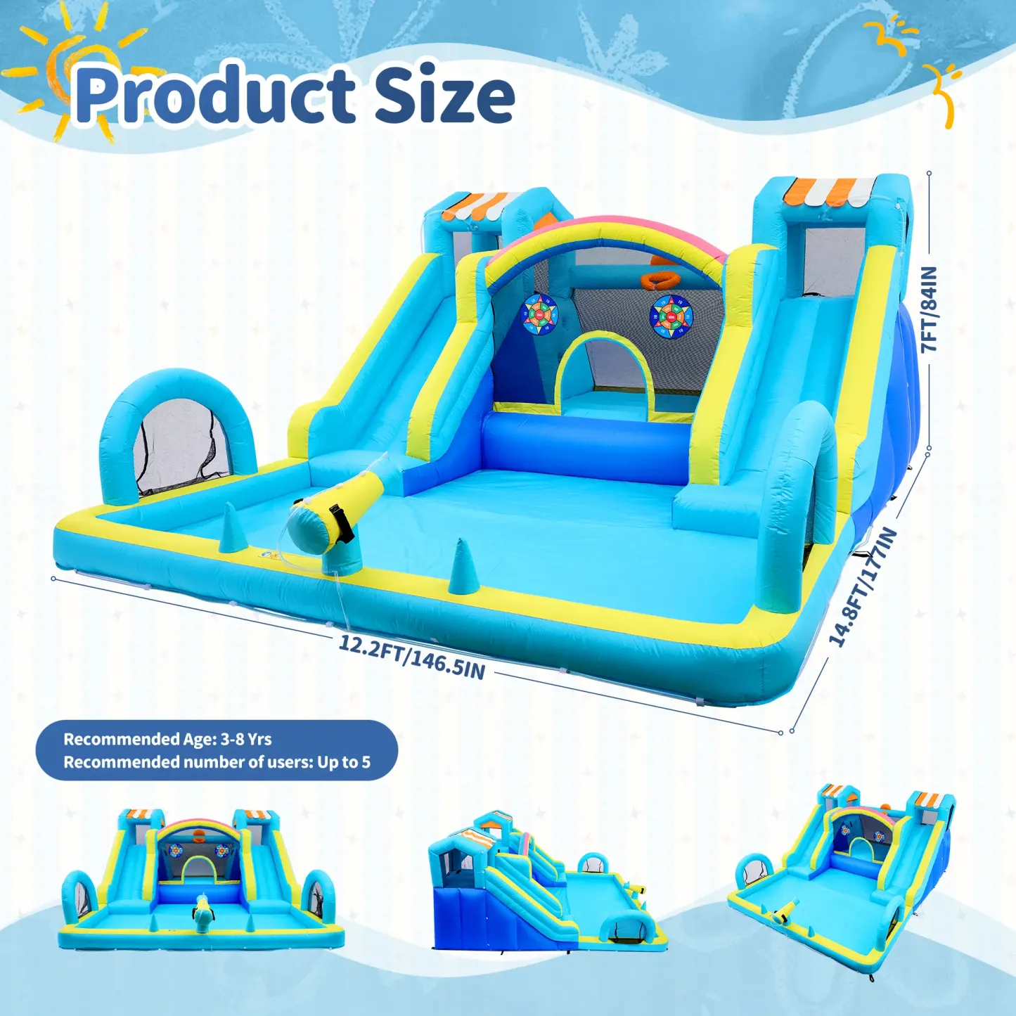 Tobogán acuático inflable con zona de saltos para niños: parque acuático y castillo hinchable de 15 x 12 pies para el jardín, con doble tobogán, piscina de chapoteo, canasta de baloncesto y soplador de alta resistencia; juguete de verano para exteriores.