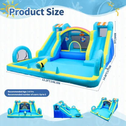 Tobogán acuático inflable con zona de saltos para niños: parque acuático y castillo hinchable de 15 x 12 pies para el jardín, con doble tobogán, piscina de chapoteo, canasta de baloncesto y soplador de alta resistencia; juguete de verano para exteriores.