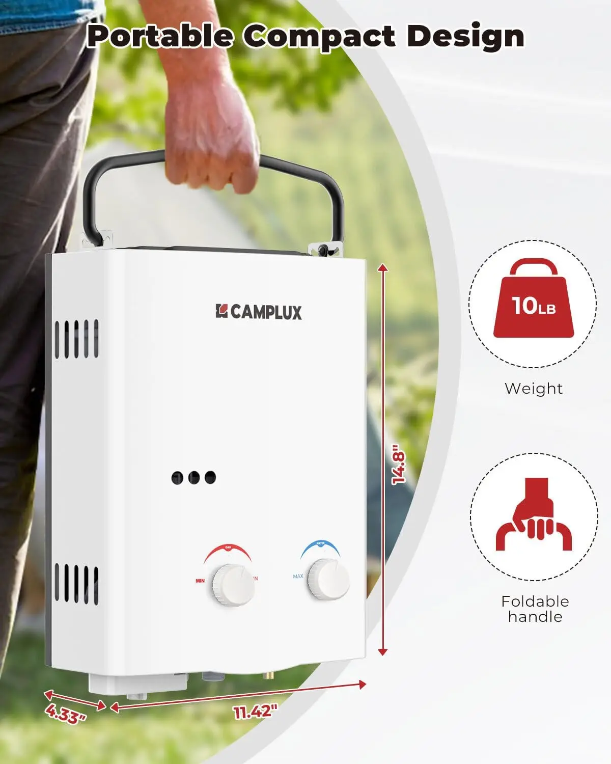 CAMPLUX Multifunction Compact Handheld Portable Tankless Water Heater - 1.32GPM On-Demand Hot Water, Low Pressure Start for Camping Shower, Outdoor RV Use