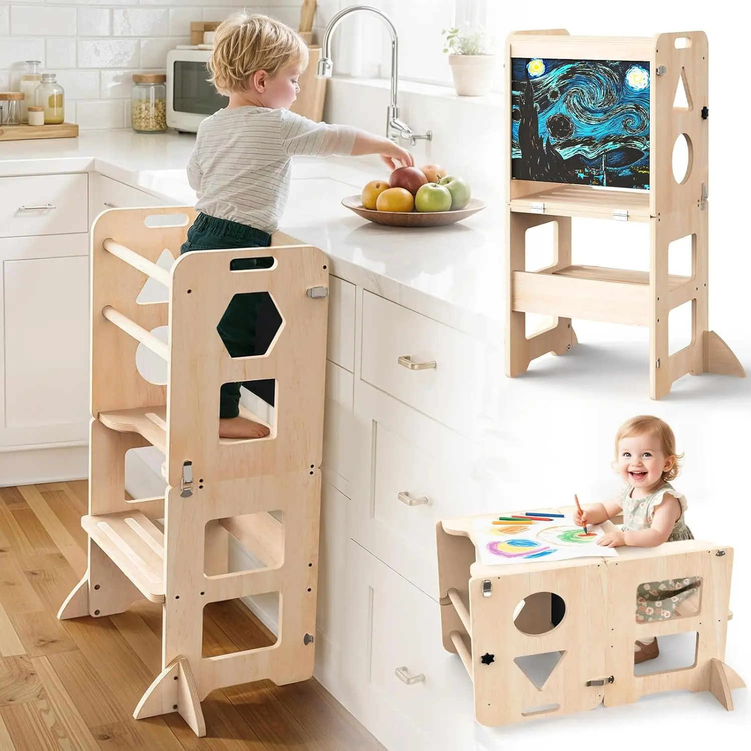 Torre de aprendizaje plegable WOODURE 4 en 1 (taburete de cocina) con pizarra para niños de 1 a 3 años
