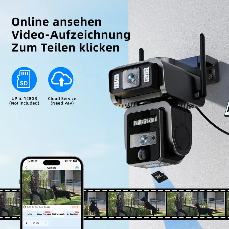 Cámara de seguridad WiFi Seckun Solar CCTV con foco, imagen nítida HD 1080P, PLR, detección de movimiento, visión nocturna a color, resistente al agua, color negro. Cámara de seguridad inalámbrica con doble lente, sin puntos ciegos, seguimiento automático