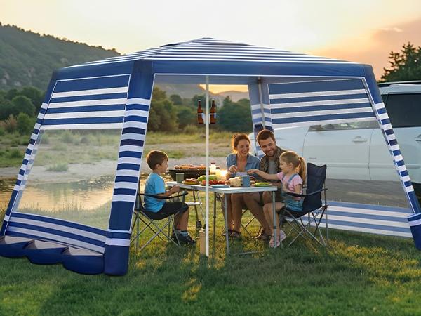 Beach Cabana, 8 * 8FT Beach Tent UPF50+ Protection, Easy Setup Beach Canopy Wind Resistant ,Compact Beach Shade Foldable Beach Tent Sun Shelter, Blue White，For Vacations,Summer Outdoor Beach Camping, Family&Friends