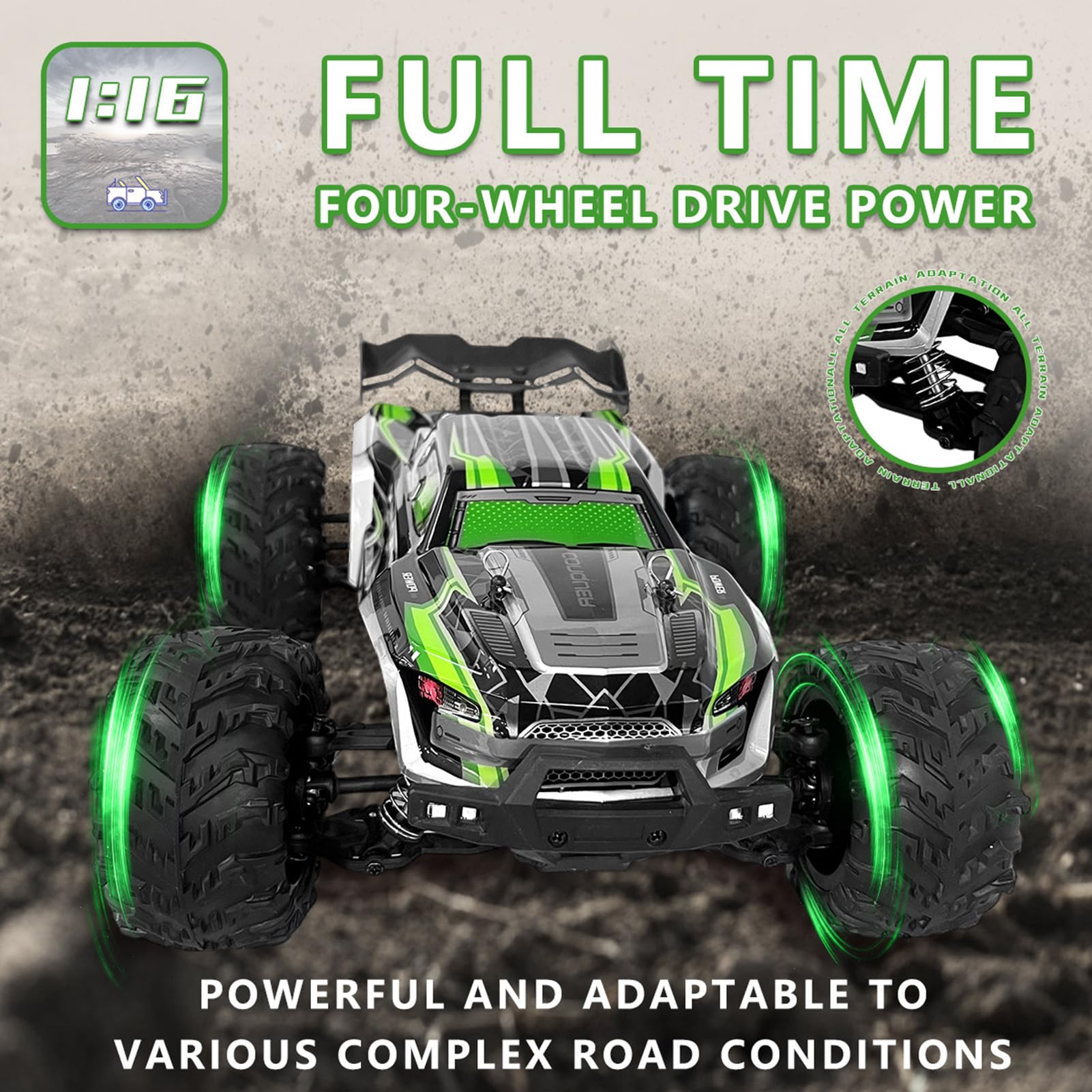 1:16 Full Scale RC Cars, 50 km/h 4WD Off-Road RC Truck with LED Front Lights and Rechargeable Batteries, High-Speed Drift Monster Truck, Perfect Birthday Gift for Kids Aged 8 and Up Remote Control Crawler Remote Control Kart