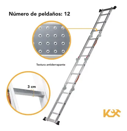 Escalera De Aluminio Multiposiciones Plegable KMEM35 Kingsman De 3.5 Metros Con 12 Peldaños Y Charolas Tipo Tijera Andamio Para 150 kg