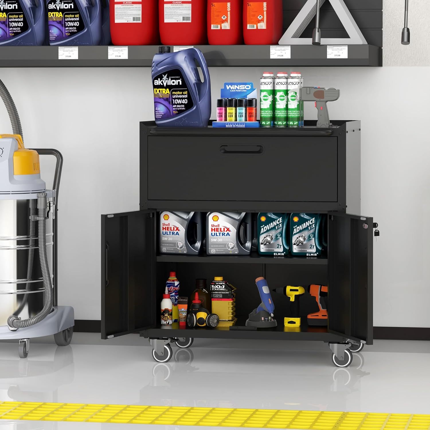 BIZOEIRON - clóset de almacenamiento de metal con ruedas, clóset de cochera con 1 puerta y 4 cajones, almacenamiento de herramientas rodantes, requiere montaje, color negro