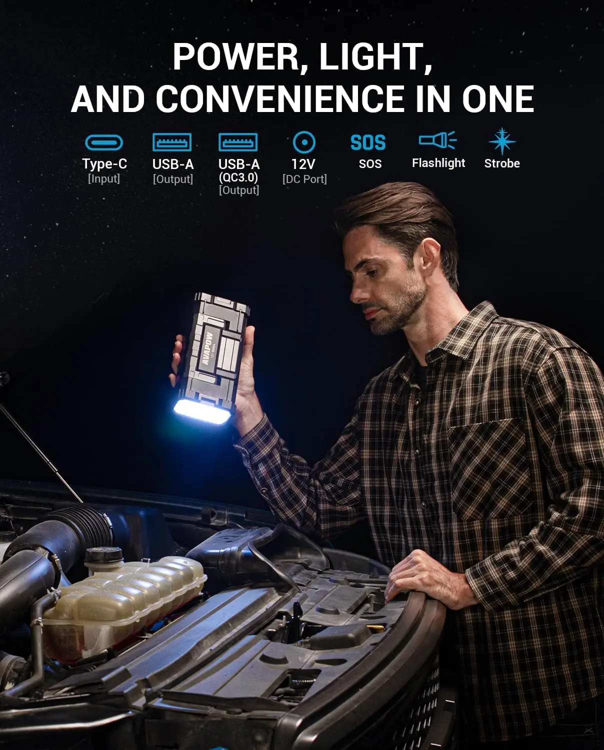 Arrancador de coche AVAPOW 6000A (para todos los vehículos de gasolina/hasta 12 L de diésel), batería externa, carga rápida USB dual, CA/CC, arrancador de 12 V con luz LED brillante integrada.