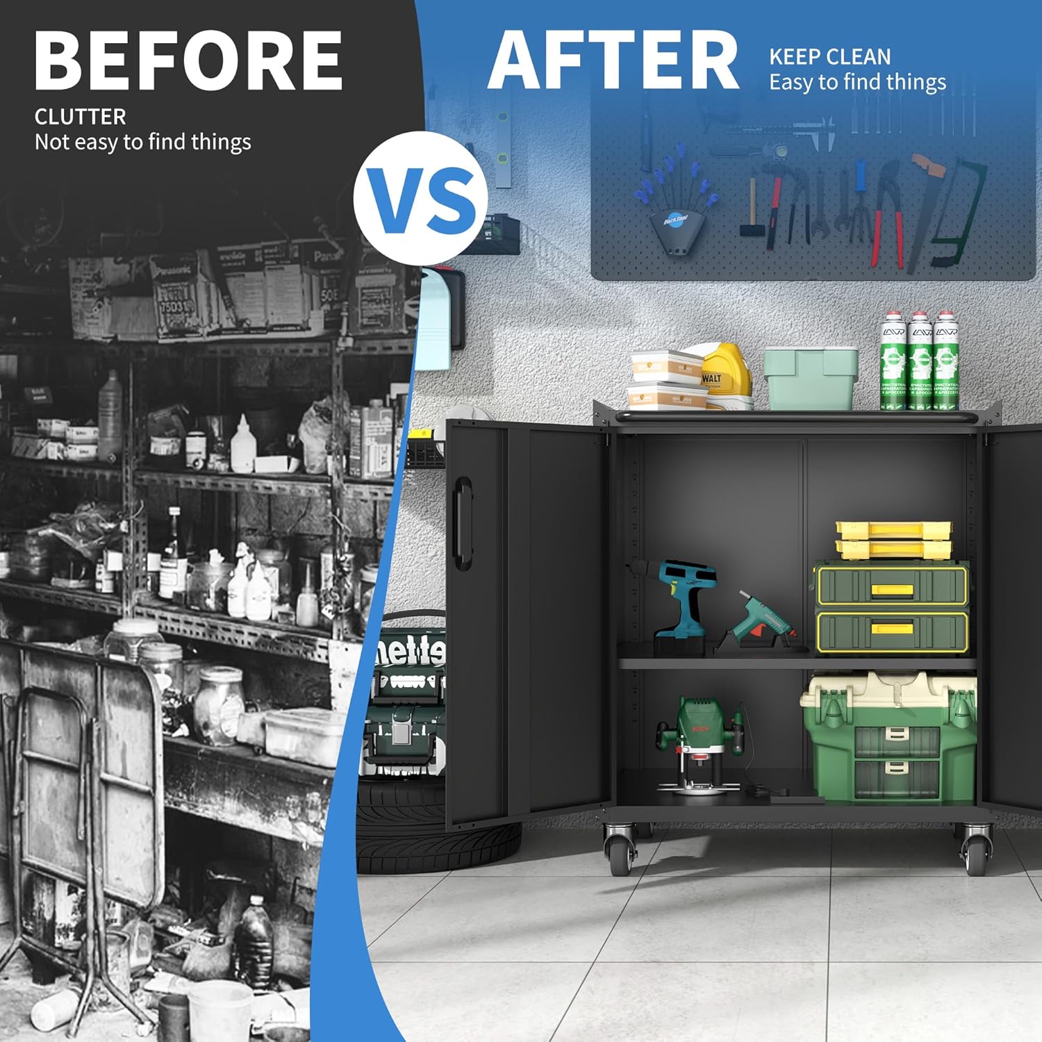 BIZOEIRON - clóset de almacenamiento de metal con ruedas, clóset de cochera con 1 puerta y 4 cajones, almacenamiento de herramientas rodantes, requiere montaje, color negro