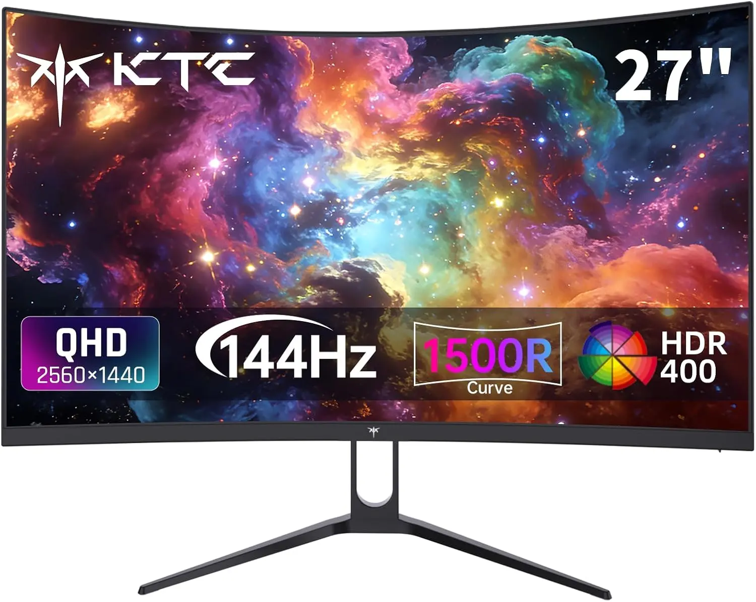 Monitor gaming curvo VA KTC de 27" (2560x1440), curvatura 1500R, tasa de refresco de 144 Hz/120 Hz, HDR400 (400 nits), Adaptive Sync, 2x HDMI 2.0, DP 1.4, montaje VESA 100x100, modelo H27S5C.