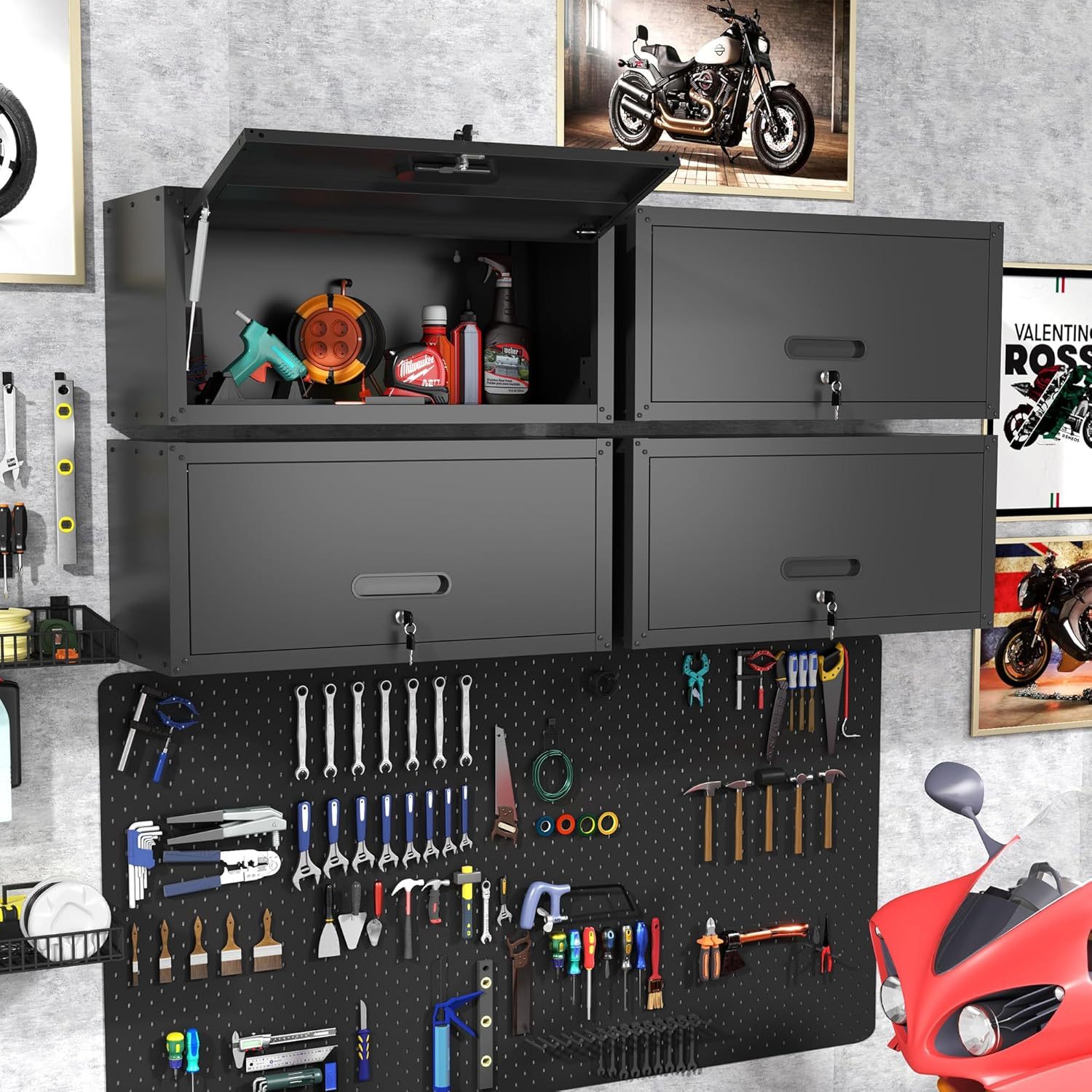 BIZOEIRON - clóset de almacenamiento de metal con ruedas, clóset de cochera con 1 puerta y 4 cajones, almacenamiento de herramientas rodantes, requiere montaje, color negro