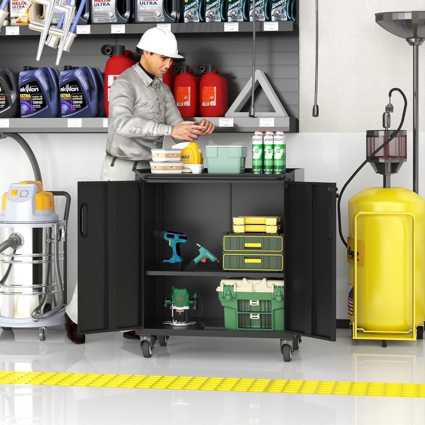 BIZOEIRON - clóset de almacenamiento de metal con ruedas, clóset de cochera con 1 puerta y 4 cajones, almacenamiento de herramientas rodantes, requiere montaje, color negro