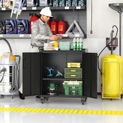 BIZOEIRON - clóset de almacenamiento de metal con ruedas, clóset de cochera con 1 puerta y 4 cajones, almacenamiento de herramientas rodantes, requiere montaje, color negro