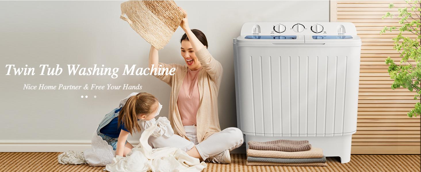 [Large Capacity] COSTWAY Portable Washing Machine, 26/20/17.6/13lbs Twin Tub Washing Machine w/Drain Pump, Semi Automatic Compact Washer & Sipnner, Portable Washer Dryer Combo for Apartments Dorms RV Camping,4th of july decor, dad gift